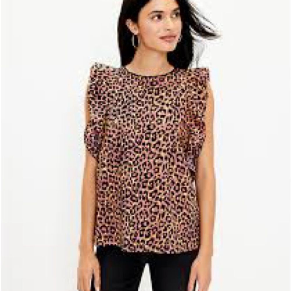LOFT Pink Leopard Print Flutter Sleeve Blouse wit… - image 1
